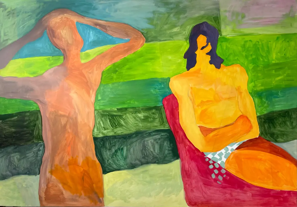 Two nudes waiting for the end of the world, painting by Lou Baltasar, acrylic on canvas