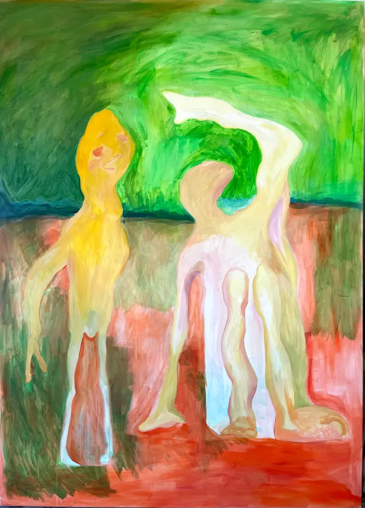 Two Sculptures, painting by Lou Baltasar, acrylic on canvas